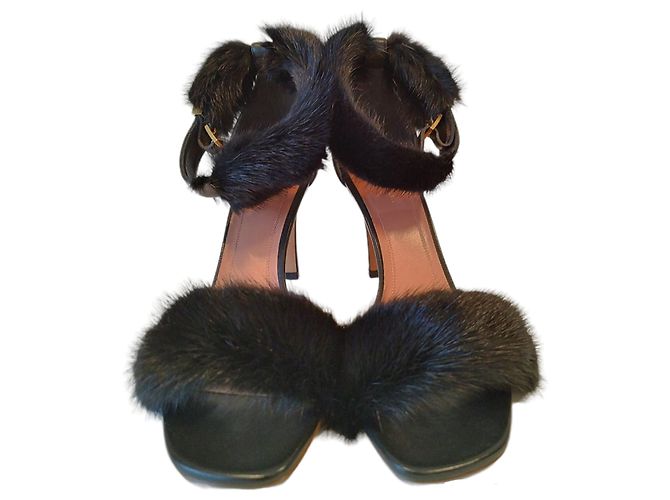 Céline Sandalias de tacón Celine de cuero y piel de visón negro - vista 3
