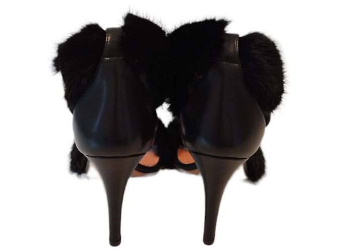 Céline Sandalias de tacón Celine de cuero y piel de visón negro - vista 5