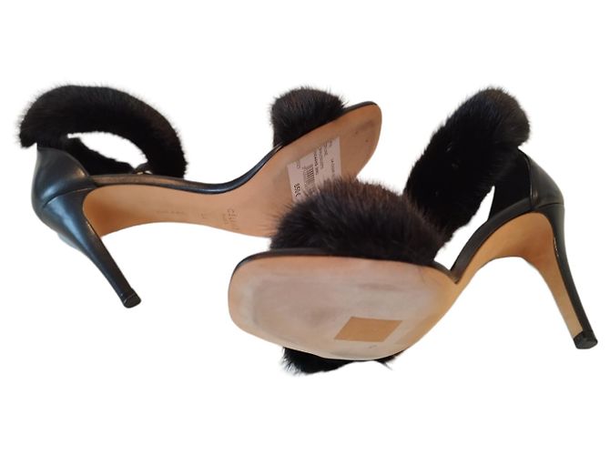 Céline Sandalias de tacón Celine de cuero y piel de visón negro - vista 8