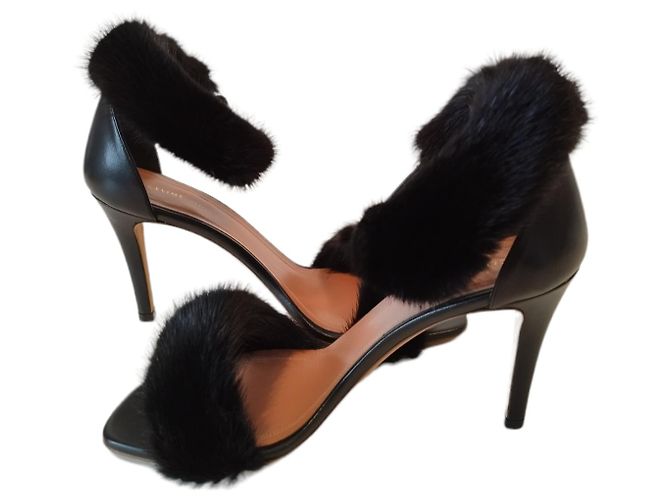 Céline Sandali con tacco Celine in pelle e pelliccia di visone nera Nero - vista 7