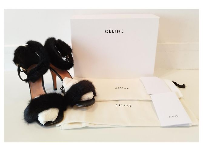 Céline Sandali con tacco Celine in pelle e pelliccia di visone nera Nero - vista 8
