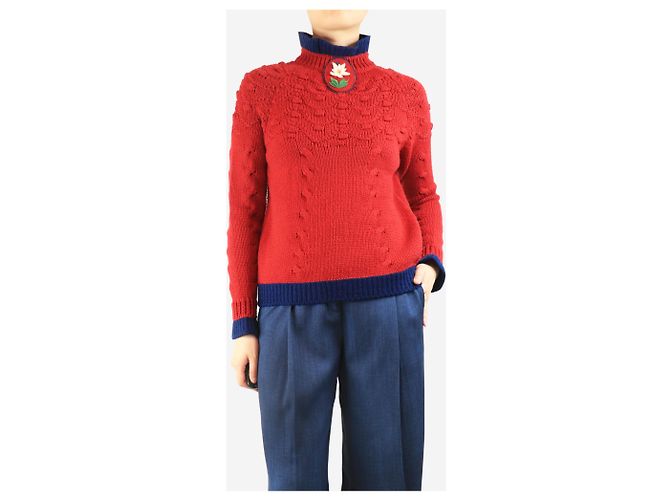 Chanel Suéter de punto rojo con detalle de flor - tamaño UK 8 Roja - vista 3