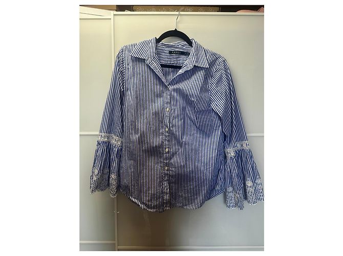 Camisa de algodón a rayas Lauren Ralph Lauren con puños de encaje Blanco Azul - vista 2
