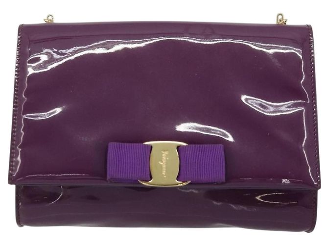 Borsa Vala Chain in pelle verniciata viola e oro Auth ARZ899 di Salvatore Ferragamo - vista 3