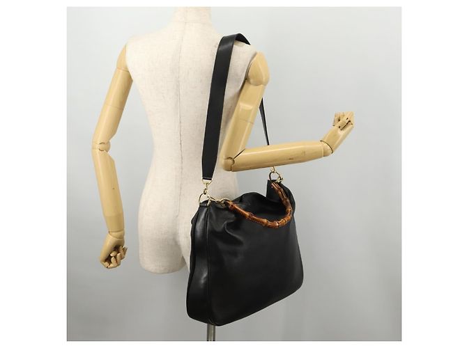 Borsa a mano in pelle Gucci Bamboo 2 in 1 Nero Oro Auth 169781 D'oro - vista 23