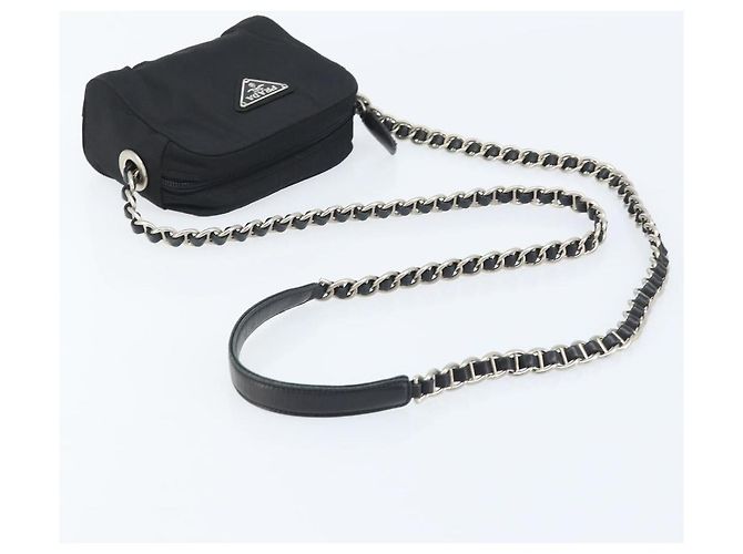 Borsa a spalla con catena Prada in nylon nero e oro Auth SW2325A D'oro - vista 7