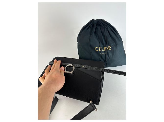 Céline Vintage Celine Paris Flap Schultertasche aus Polyester und Leder Schwarz - Ansicht 11