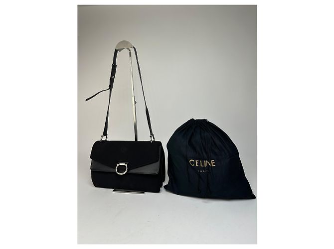 Céline Vintage Celine Paris Flap Schultertasche aus Polyester und Leder Schwarz - Ansicht 14