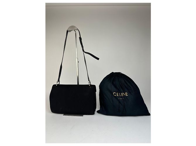 Céline Vintage Celine Paris Flap Schultertasche aus Polyester und Leder Schwarz - Ansicht 2