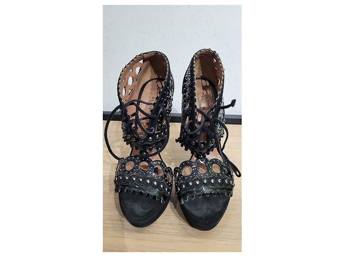 Alaïa ALAIA Black Laser Cut Leather Suede Studs Platform Heels Sandals sz.38 Pre-Owned - view 4
