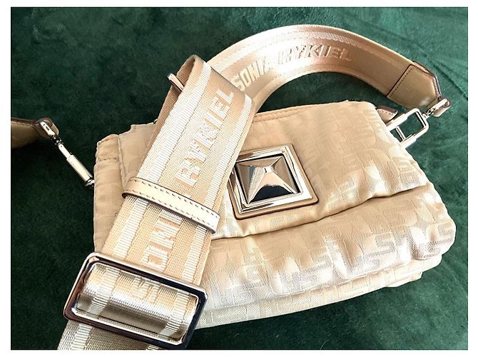 Sonia Rykiel Boyfriend Handtasche Beige Leder und Stoff - Ansicht 10