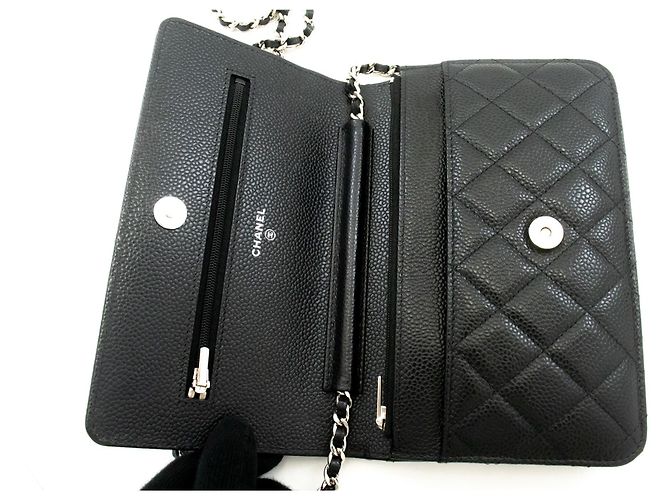 Wallet On Chain CHANEL Cartera con cadena de piel de ternera granulada negra Negro - view 11
