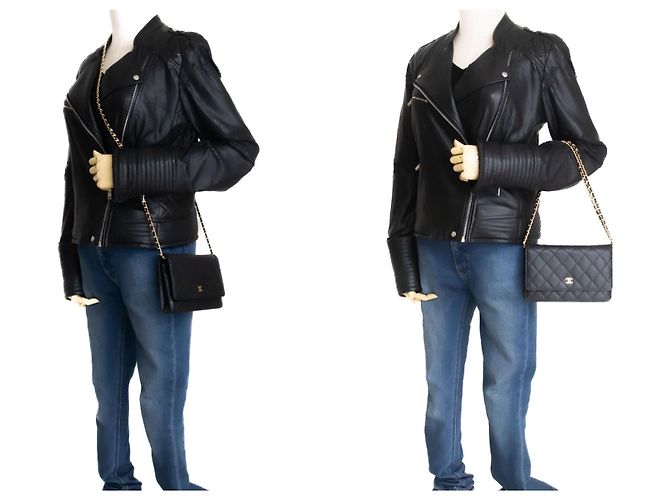 Wallet On Chain CHANEL Geldbörse mit Kette aus genarbtem Kalbsleder in Schwarz - Ansicht 12