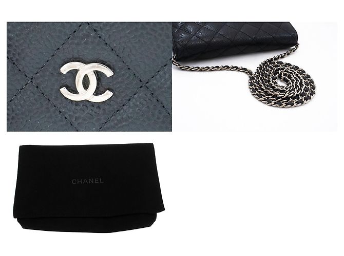Wallet On Chain CHANEL Cartera con cadena de piel de ternera granulada negra Negro - vista 7