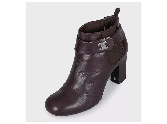 Chanel Brown Leather Ankle Boots, Silver Logo, Size 38 pre-owned - view 3