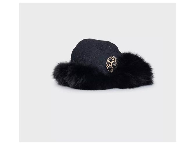 Chanel Schwarzer Kunstpelz- und Wollhut Größe 57 Gebraucht - Ansicht 2