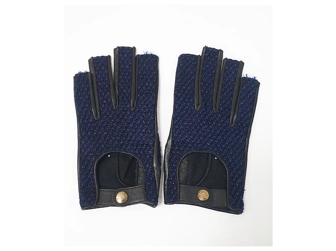 NWOB Chanel blaue Tweed-Lederhandschuhe, Größe 7,5, gebraucht - Ansicht 3