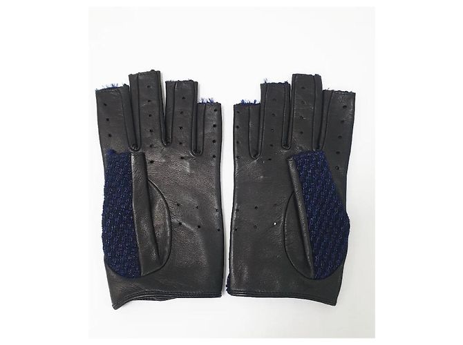 NWOB Chanel blaue Tweed-Lederhandschuhe, Größe 7,5, gebraucht - Ansicht 4