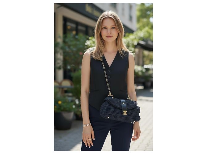 Mademoiselle Borsa a Spalla Chanel Medium Classic in Paglia di Raffia Blu Navy Scuro GHW Nero Blu scuro Gold hardware - vista 3