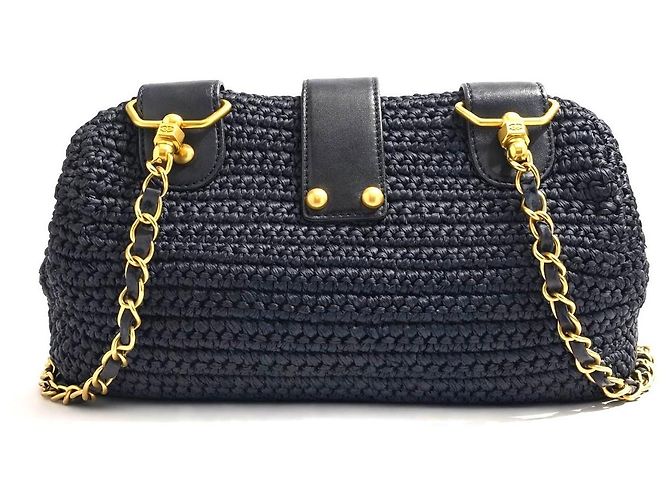 Mademoiselle Borsa a Spalla Chanel Medium Classic in Paglia di Raffia Blu Navy Scuro GHW Nero Blu scuro Gold hardware - vista 6