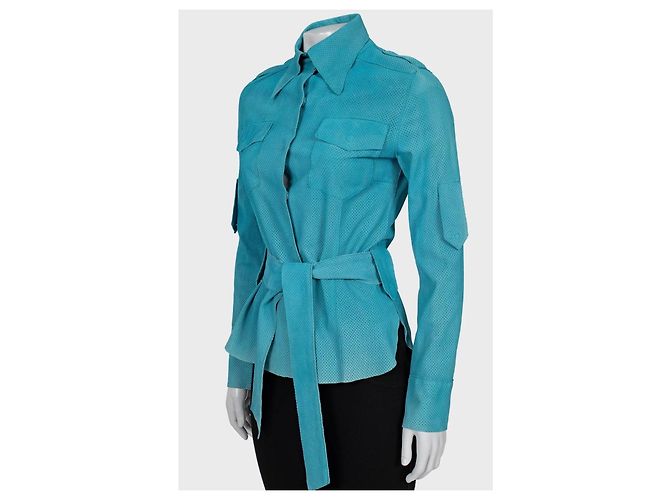 Perforiertes Lederhemd Dolce & Gabbana - Hellblau, M gebraucht - Ansicht 2