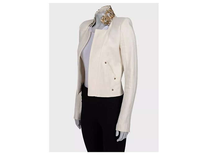 Balmain White Linen Crystal Trim Jacket - Size M (FR38) pre-owned - view 2