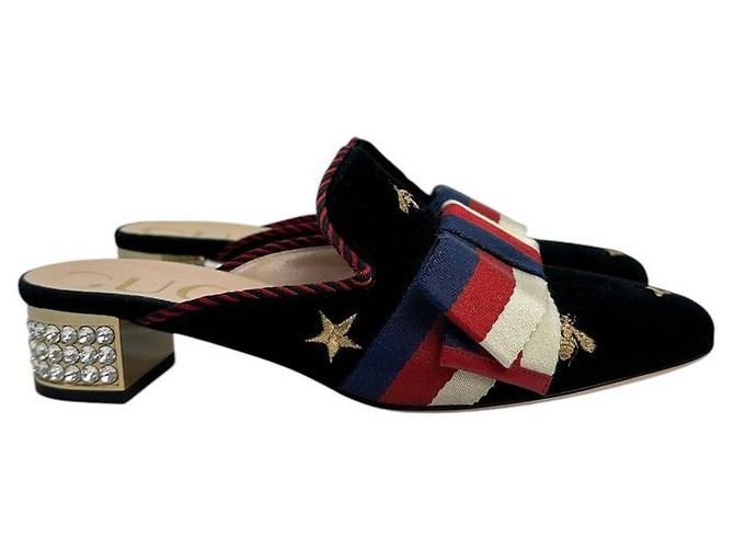 Gucci Damen Mules aus schwarzem Samt mit verziertem Bogen Größe 36,5. Vorbesitz - Ansicht 2