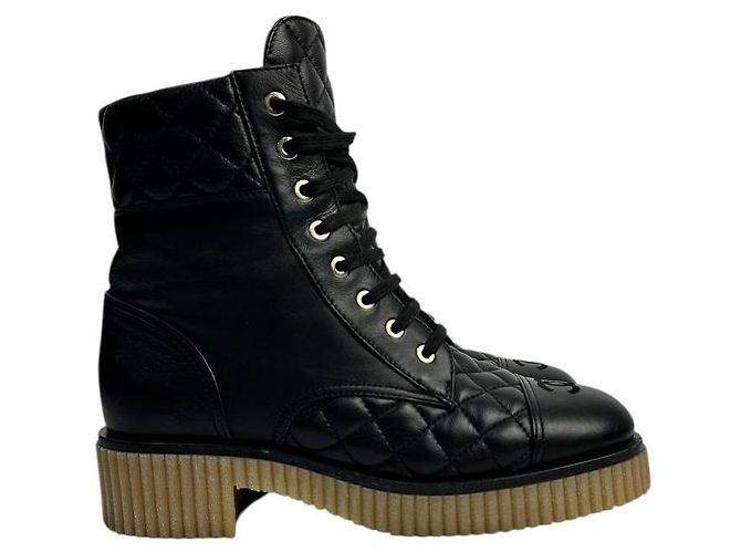 Vorbesitzene schwarze gesteppten CC Plattform Combat Boots Chanel 20B - Ansicht 3