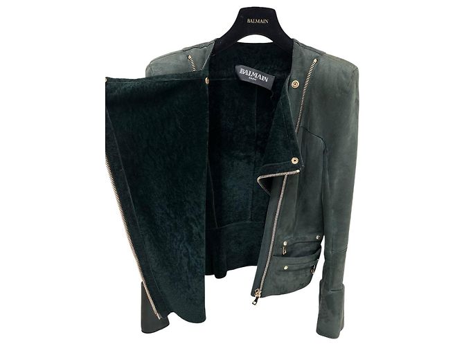 Balmain Grüne Shearling Bikerjacke - Größe 38 Gebraucht - Ansicht 4