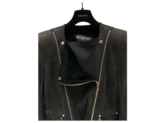 Balmain Grüne Shearling Bikerjacke - Größe 38 Gebraucht - Ansicht 6