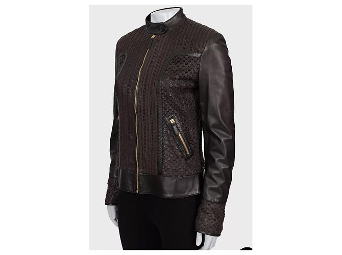 Braune perforierte Lederjacke von Roberto Cavalli - IT40/S gebraucht - Ansicht 2