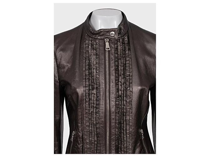 Prada Braune Leder Rüschjacke - Größe XL (IT46) Gebraucht - Ansicht 4