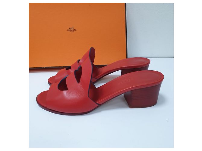 Sandalias de tacón bloque Mona de cuero rojo Hermès Talla 38 de segunda mano - vista 6