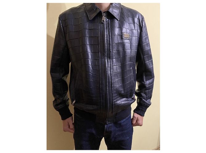 Dolce & Gabbana Dolce and Gabbana Navy Crocodile Print Lambskin Bomber Jacket Sz.48-50 Pre-Owned - view 9