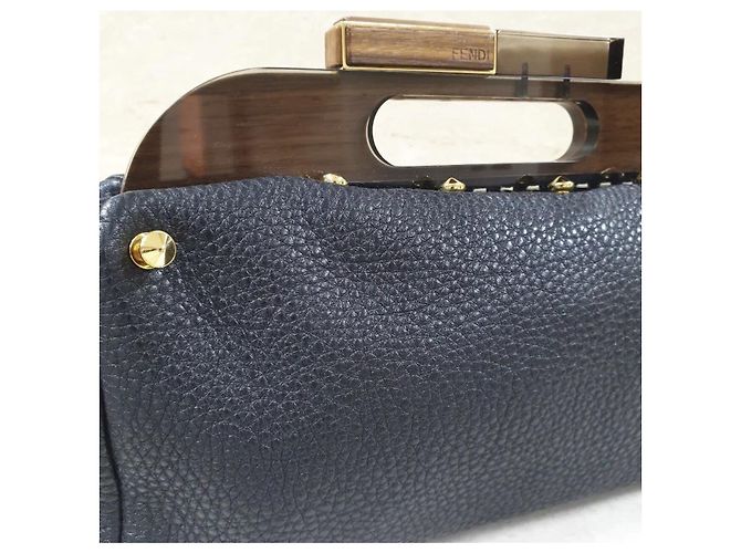 Fendi Black Leather Walnut Wood Handle Clutch Bag Pre-Owned - view 11