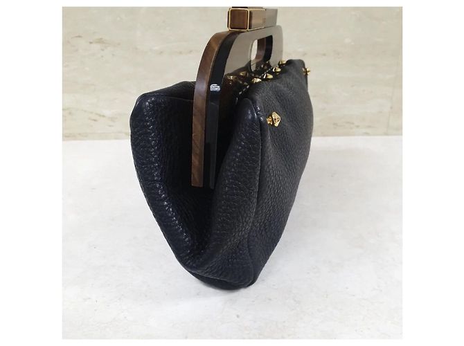 Fendi Black Leather Walnut Wood Handle Clutch Bag Pre-Owned - view 2