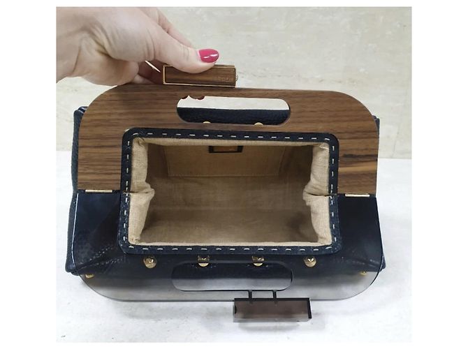 Fendi Black Leather Walnut Wood Handle Clutch Bag Pre-Owned - view 5