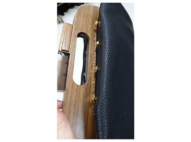 Fendi Black Leather Walnut Wood Handle Clutch Bag Pre-Owned - view 9