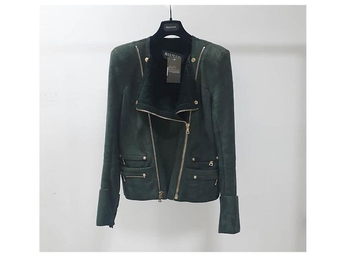 Giacca biker in shearling verde da donna Balmain Taglia 38 Usata - vista 3