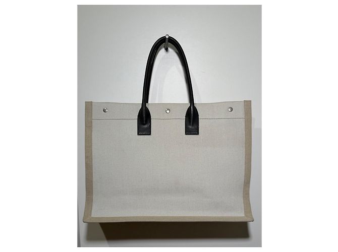 Borsa Tote Rive Gauche Saint Laurent Nero Beige - vista 8