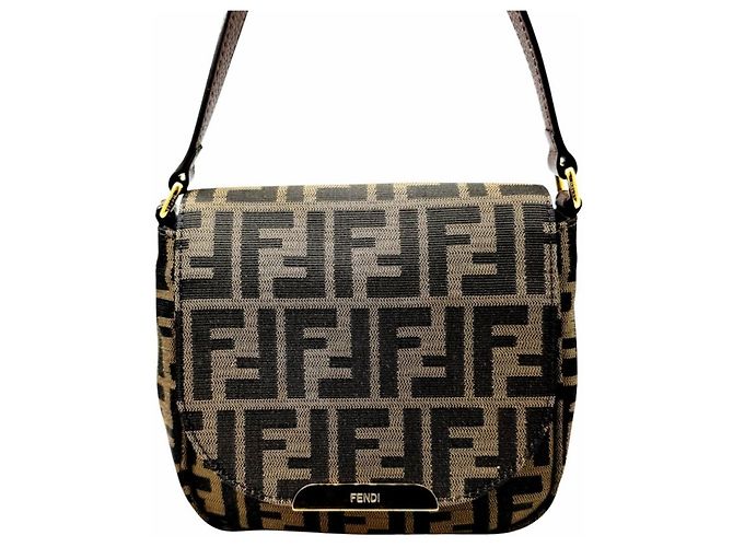 Borsa a spalla in tela e pelle marrone Zucca di Fendi - vista 3