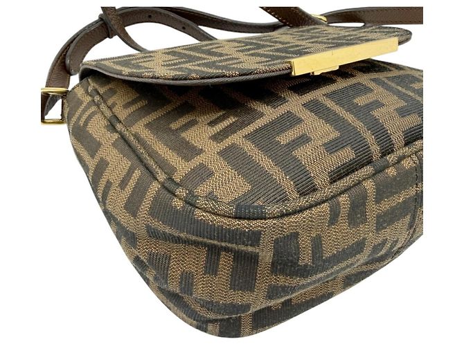 Borsa a spalla in tela e pelle marrone Zucca di Fendi - vista 4