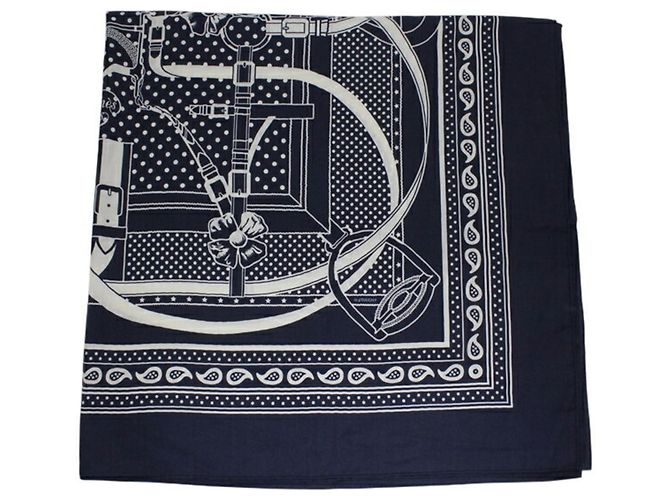 Sciarpa/Stola Hermès Carre Géant 140 Grand Manège Bianco Blu navy - vista 6