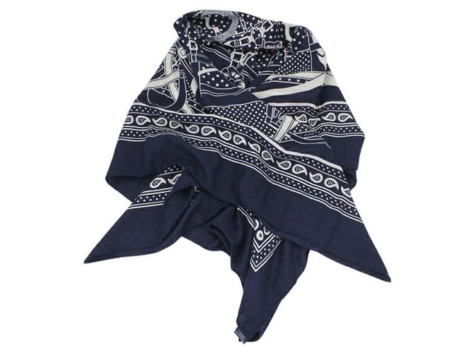 Sciarpa/Stola Hermès Carre Géant 140 Grand Manège Bianco Blu navy - vista 8