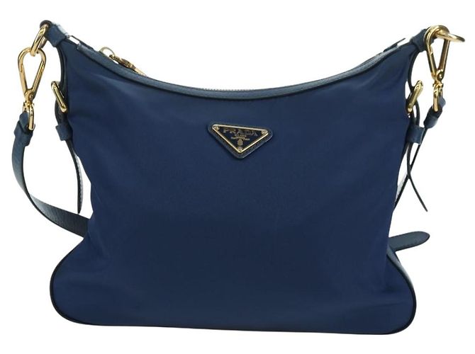 Borsa a Spalla PRADA in Nylon e Pelle Blu Oro Auth ARZ849A D'oro - vista 13