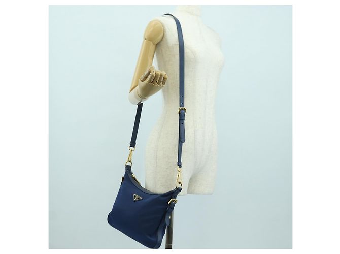 Borsa a Spalla PRADA in Nylon e Pelle Blu Oro Auth ARZ849A D'oro - vista 27