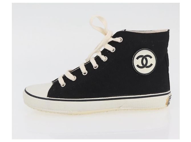 Sneakers Alte CHANEL Tela Nera Bianca A01852 CC Auth SW2298A Nero Bianco - vista 22