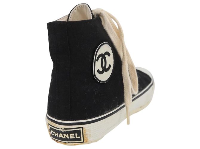 Sneakers Alte CHANEL Tela Nera Bianca A01852 CC Auth SW2298A Nero Bianco - vista 3
