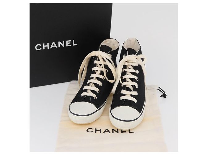 Sneakers Alte CHANEL Tela Nera Bianca A01852 CC Auth SW2298A Nero Bianco - vista 37