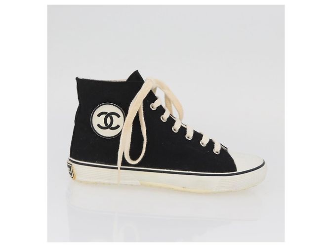 Sneakers Alte CHANEL Tela Nera Bianca A01852 CC Auth SW2298A Nero Bianco - vista 4